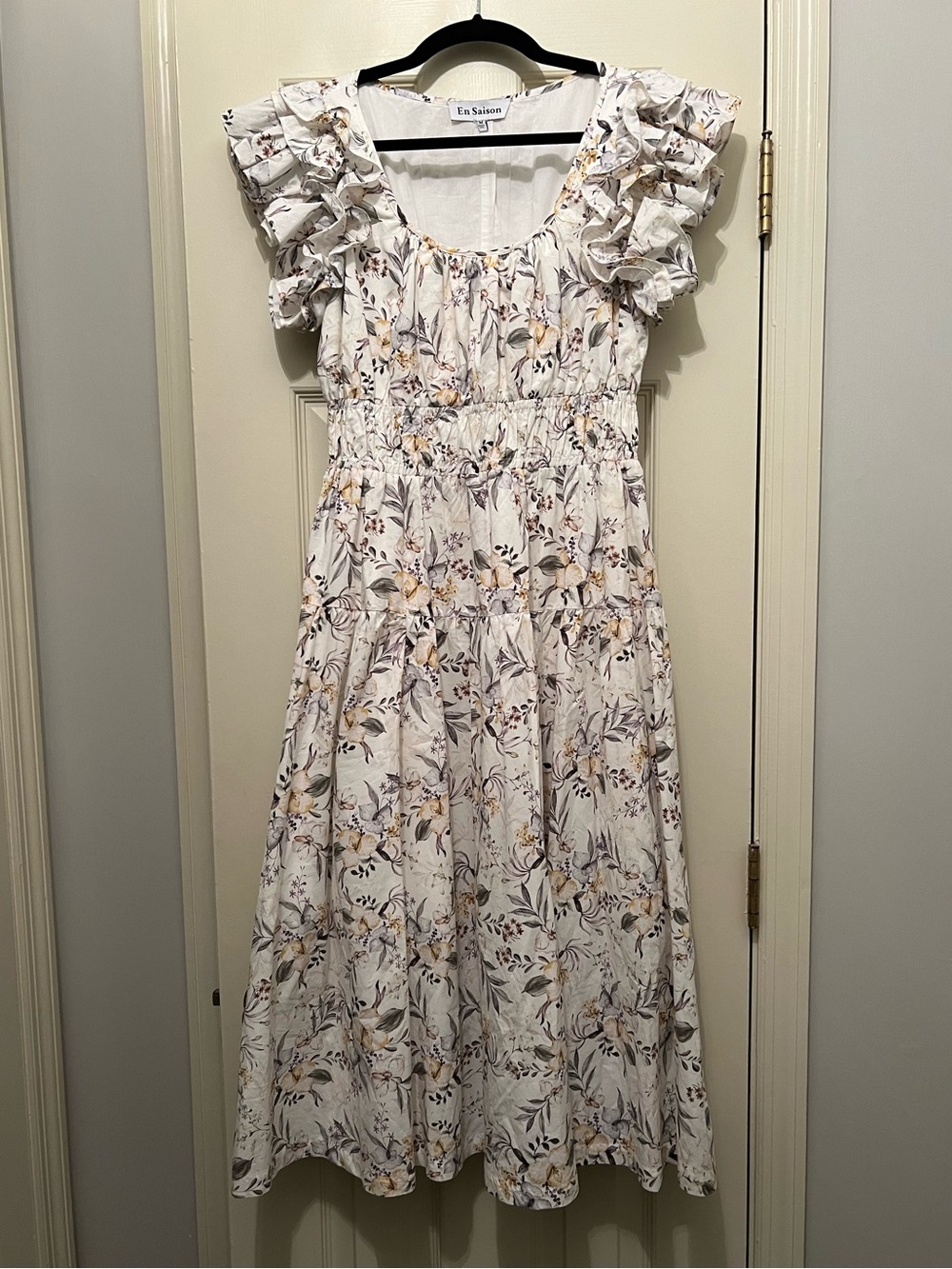 En Saison White Floral Midi Dress with Yellow and Gray Botanical Print